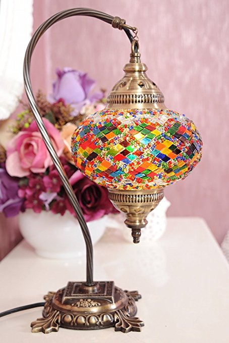 New BOSPHORUS Stunning Handmade Swan Neck Turkish Moroccan Mosaic Glass Table Desk Bedside Lamp Light with Bronze Base (Multicolor)