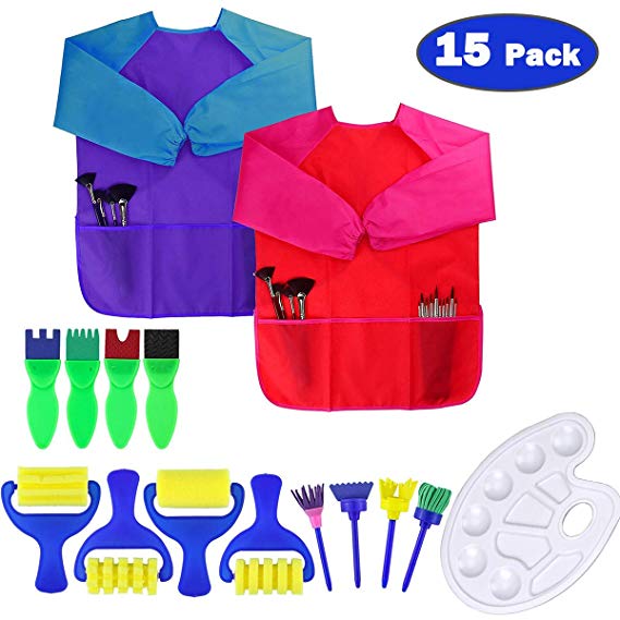 Dreampark Art Smock for Kids, Children Art Aprons - Paint Brushes - Color Palette for Toddler Painting Art and Craft Supplies [15 Pack] Waterproof Long Sleeve 3 Roomy Pockets, Ages 2-6