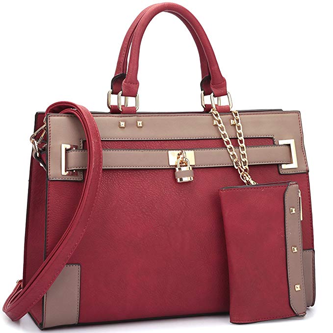 Women's Two Tone Fashion Handbag For Women Top Handle Satchel Bag Padlock Designer Purse With Matching Wristlet