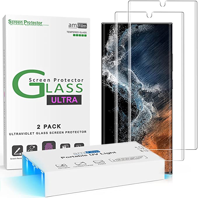 amFilm (2 Pack) 3D Curved Tempered Glass Compatible with S22 Ultra Screen Protector Samsung Galaxy 5G 6.8 Inch, Fully Compatible with UltraSonic Fingerprint Scanner and S Pen, Upgraded Easier UV Gel Application