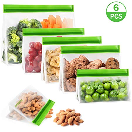 GLAMFIELDS Stand up Reusable food Storage Bags - Reusable Snack Bags Extra Thick Reusable Sandwich Bags FDA Grade Freezer Ziplock Lunch Bags for Food (6pack 1 storage bag 3 lunch bags 2 snack bags)