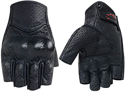 Half Finger Motorcycle Gloves Goatskin Leather Knuckle Armored Motocross Gloves Perforated(G11-Black,M)
