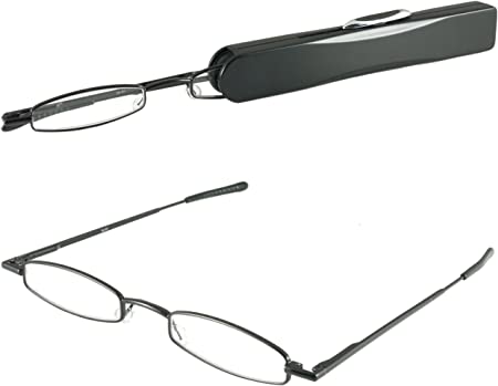 I-Mag Mini Metal Spring Hinge Reading Glasses with Slide Open Hard Case (Black, 1.50)