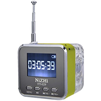 Haoponer Portable Mini Digital Speaker Crystal Colorful Flashing LED Light USB Flash Drive and Micro TF Card Music Mp3 Player FM Radio Alarm Clock Green