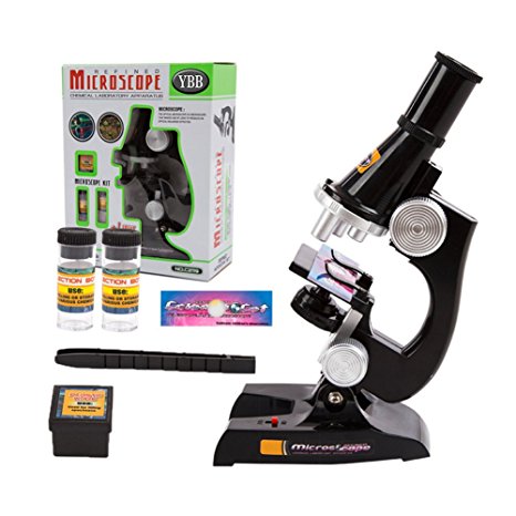 YBB Kids Microscopes Beginner Microscopes With LED,100X,200X,450X Magnification,Includes 5-Piece Accessory Set and Box
