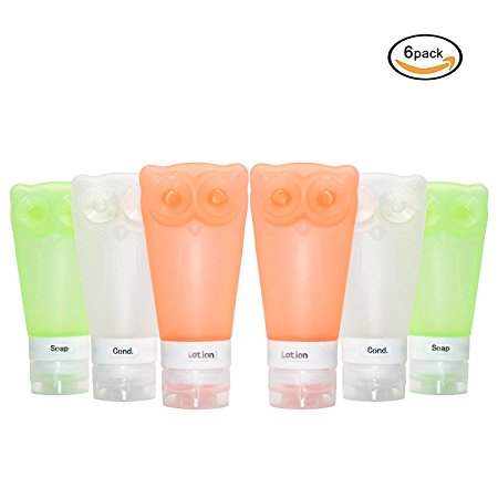 Zaker 6 Pack Portable Owl Shape Soft Silicone Travel Bottles Set with Double Sucker - Leak Proof Silicone Containers for Shampoo, Soap, Lotion and More(2.8 oz,Green,Orange,White )