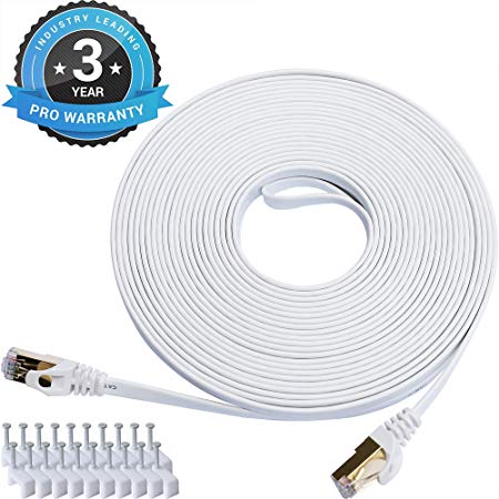 Cat 7 Ethernet Cable 50 ft LAN Cable Internet Network Cord for PS4, Xbox, Router, Modem, Gaming, White Flat Shielded 10 Gigabit RJ45 High Speed Computer Patch Wire.