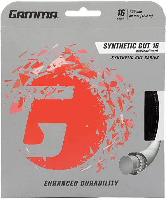 Gamma Synthetic Gut Series W/Weatherguard Tennis Racket String - Playability & Extra Durability For All Playing Levels & Styles - 15L, 16 or 17 Gauge (Black, Blue, Gold, Silver, White, Yellow)