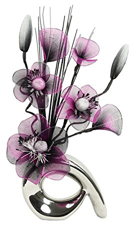 Flourish 793258 QH1 Silver Vase with Purple and Black Nylon Artificial Flowers in Vase, Fake Flowers, Ornaments, Small Gift, Home Accessories, 32cm