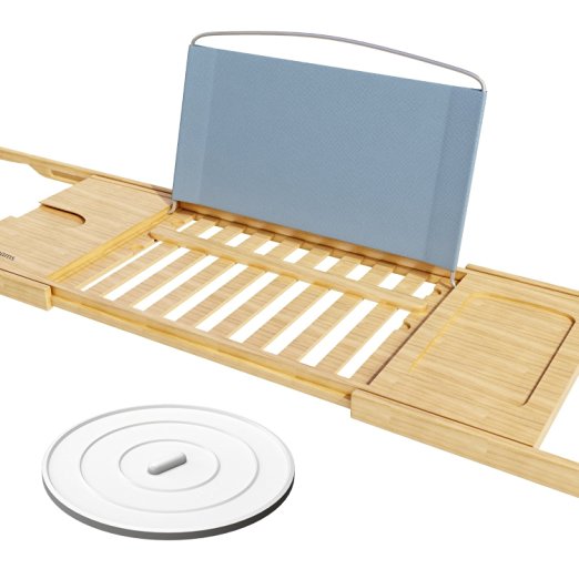 Bamboo Bathtub Caddy Tray with Extending Sides and Drain Stopper -Fits Any Tub Jacuzzi or Hot Tub Design - Holds Tablet Book Phone and a Glass of Wine