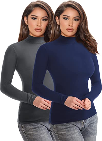 Mrignt 2 Pack Women’s Turtleneck Slim Fit Tops Long Sleeve Soft Polyester Fleece Lined Base Layer Shirts