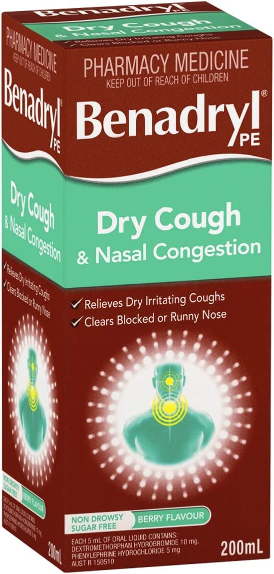 Benadryl Dry Cough and Nasal Congestion Liquid, 200 milliliters