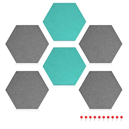 Navaris Hexagon Felt Board Tiles - Set of 6 Notice Memo Bulletin Boards with Push Pins Pack 5.9 x 7 inches (15 x 17.7 cm) - Grey, Turquoise