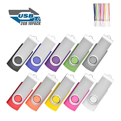 10Pack 2GB USB 2.0 Thumb Flash Drives Swivel Design Pen Memory Stick Fold Storage (10 Mixed Color With Lanyard)
