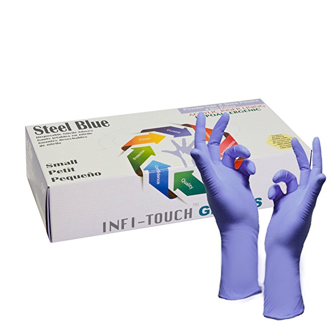 Nitrile Disposable Gloves - Infi-Touch Nitrile Gloves Powder Free - Hypoallergenic, 12" Gloves, Steel Blue, (50 Count, Small)