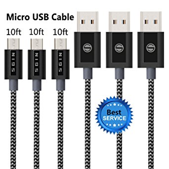 SGIN Micro USB Cable,3-Pack 10ft Nylon Braided Charging Cord - Extra Long USB 2.0 Sync and Charge for Android Devices, Samsung Galaxy, Sony, Motorola Nokia,and More(Black Grey)