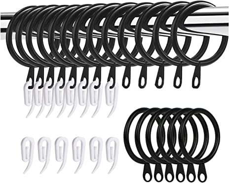 WOVTE 50 Pack Curtain Rings and Hooks, 30mm Metal Drapery Curtain Rings Hanging Rings & 50pcs Curtain Hooks Plastic White for Curtains and Rods, Drape Sliding Eyelet Rings(Black, 50 Pack)