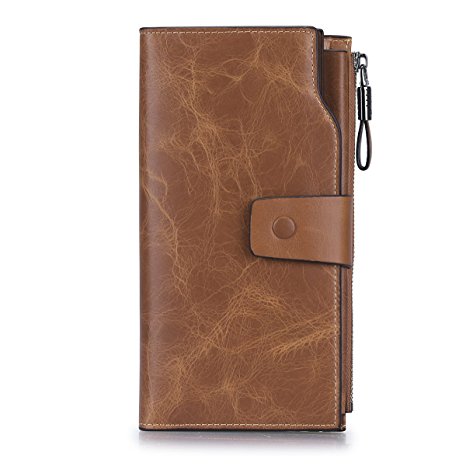 S-ZONE Women’s RFID Blocking Wallet Large Capacity Luxury Wax Genuine Leather Wallet Purse with Zipper Pocket