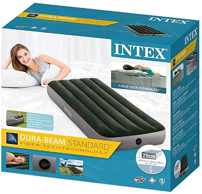 Intex Inflatable Rectangular Downy Camping Air Bed Mattress with Foot Pump (Multicolour, 66950)