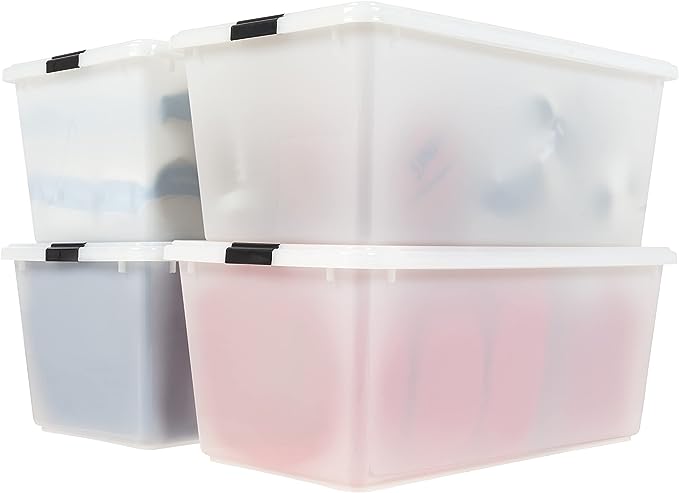 IRIS USA 91 Quart/22.75 Gal. Stackable Plastic Storage Bins with Lids and Latching Buckles, 4 Pack - Pearl, Containers with Lids, Durable Nestable Closet, Garage, Totes, Tub Boxes Organizing