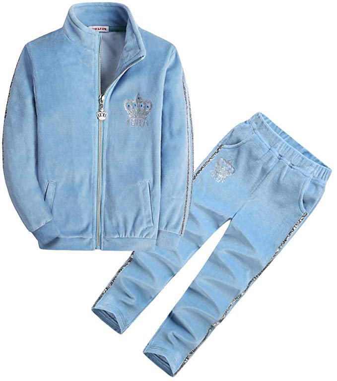 Girls' 2 Piece Velour Jog Set Long Sleeve Top and Pants Set Clothes for Little Girl 3-14 Years