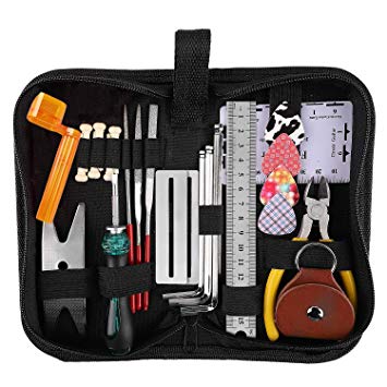 TIMESETL 26 Pcs Guitar Repairing Tool Kit with Wire Plier, String Organizer, Fingerboard Protector, Hex Wrenches, Files, String Action Ruler, Spanner Wrench, Bridge Pins for Guitar Ukulele Bass Mandol