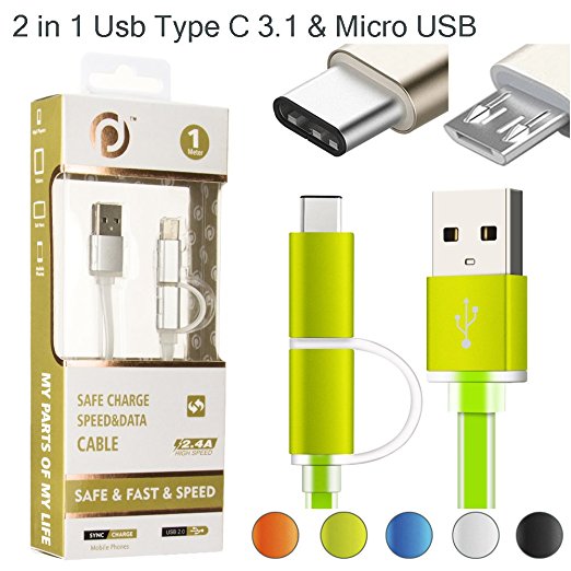 2 in 1 USB Type C 3.1 & Micro USB to USB Type A Data Charging Cable with Aluminium Case, Aomax@ (3.3ft) for Nexus 6P , Nexus 5x, Apple New Macbook , Oneplus 2, Lumia 950 XL, Android (2 in 1 GD Green)