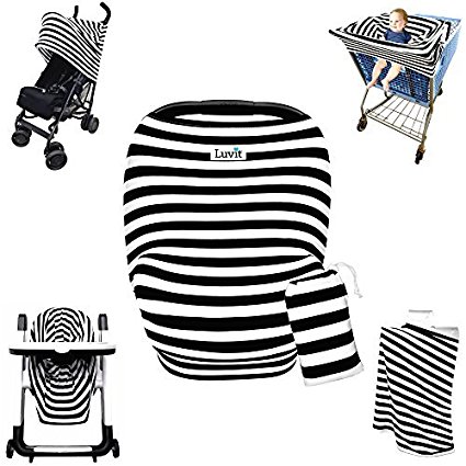 Stretchy Stripes 5-in-1 Baby Car Seat Canopy, Stroller Canopy, Shopping Cart Cover, High Chair Cover and Nursing Cover All-In-One Universal Fit in Black and White Stripes by Luvit