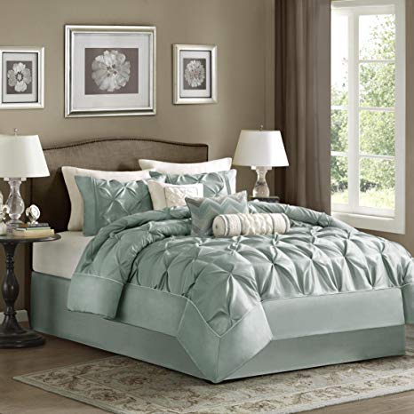 Madison Park Laurel Cal King Size Bed Comforter Set Bed in A Bag - Seafoam, Wrinkle Tufted Pleated – 7 Pieces Bedding Sets – Faux Silk Bedroom Comforters