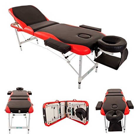 (BTM) Deluxe Lightweight Professional Massage Table Aluminium Beauty Couch Bed Spa Portable Folded 3 Section with Headrest Arm support and free Carrying Bag RED