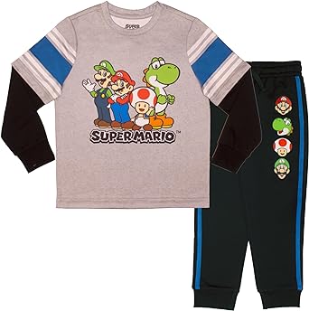 Nintendo Super Mario Video Game 2-Piece Set, Boys Long Sleeve T-Shirt & Jogger Pants 2-Pack Bundle Set for Kids and Toddlers