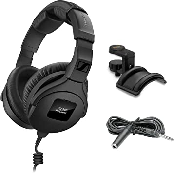 Sennheiser HD 300 Pro Headphones, Black with Headphone Holder & Stereo 1/4" Male Phone TRS Headphone Extension Cable 10'