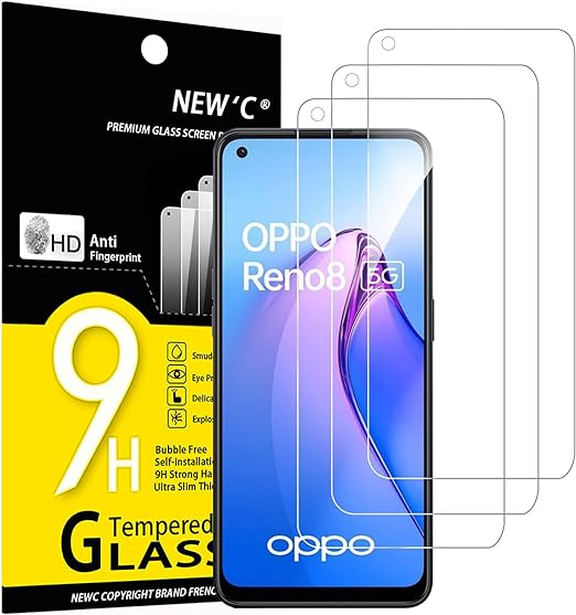 NEW'C 3 Piezas, Protector Pantalla para OPPO Reno 8 5G, Reno 8 Lite 5G, Cristal templado Antiarañazos, Antihuellas, Sin Burbujas, Dureza 9H, 0.33 mm Ultra Transparente, Ultra Resistente