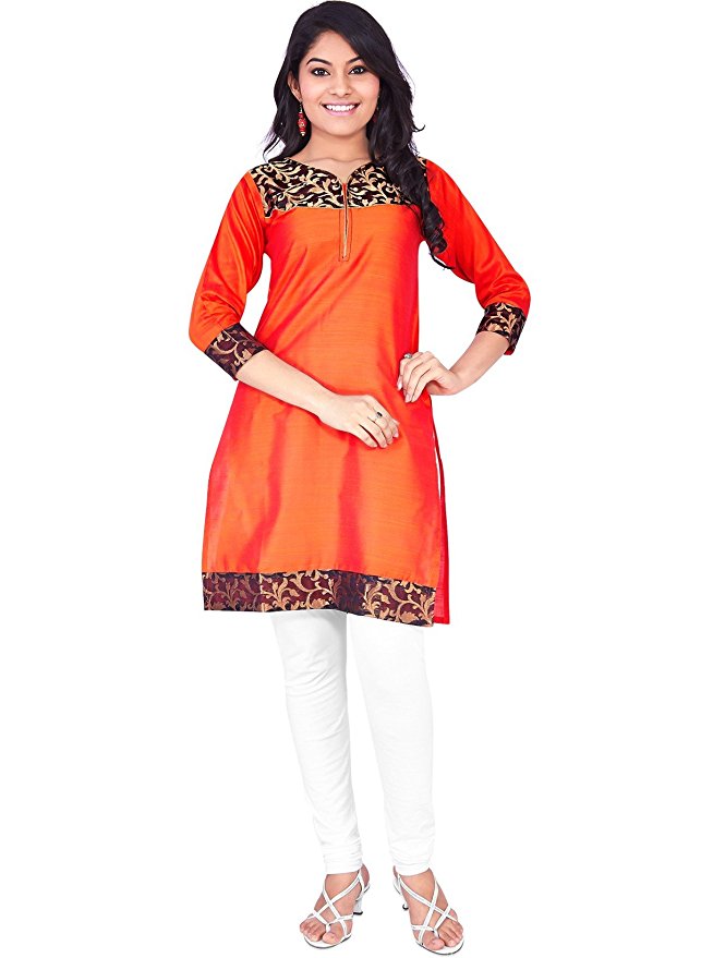 IndusDiva Women's Orange Silk Cotton Straight Cut Kurti