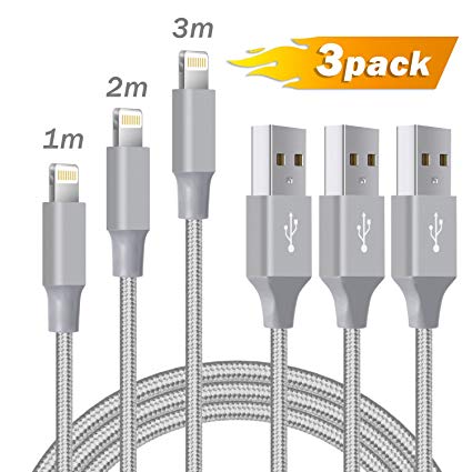 Lightning Cable Ulinek iPhone Charger 3Pack 1M 2M 3M Nylon Braided USB iPhone Cable High Lifespan Charging Charger for iPhone XR XS XS Max X 8 Plus 7 Plus 6S Plus 6 Plus 5 5S 5C SE iPod iPad Pro and More Apple Devices - Grey