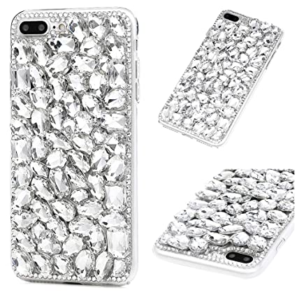 Mavis's Diary iPhone 7 Plus Case,iPhone 8 Plus Case, Full Edge 3D Handmade Luxury Bling Crytal Fashion Design Shiny Gem Pearl Rhinestone Diamond Clear Hard Cover - Sliver