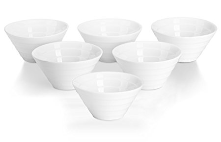 DOWAN 8.5oz, Porcelain Dessert Bowl Set/Dipping Bowls/Ramekins - 6 Packs, White, Stackable, Spiral Pattern