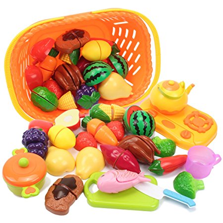 Pretend Play Food Set,AMOSTING 20 Piece Kids Play Kitchen Set,Cutting Fruits and Vegetables Educational Toys Cooking Set