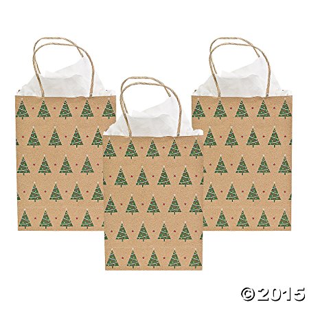 Christmas Tree Kraft Gift Bags- 12 Pack - 9 Inch Medium