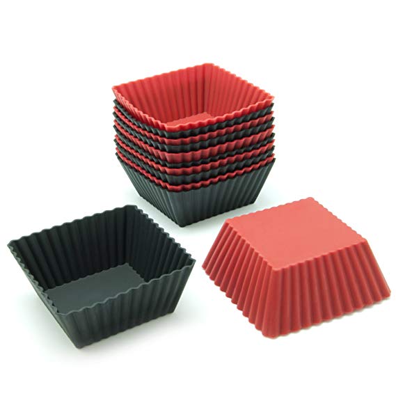 Freshware CB-306RB 12-Pack Silicone Square Reusable Cupcake and Muffin Baking Cup, Black and Red Colors