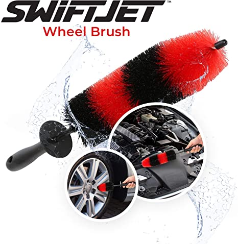 SwiftJet Wheel Detail Brush, Flexible | Wider Bristles | Easy Reach Tire and Rim Detailing Brush 18" Long for Wheels, Rims, Breaks, Exhaust Tips, Vehicle Engine Motorcycles | Automotive Brush