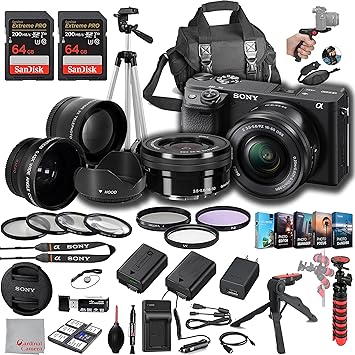 Sony a6400 Mirrorless Camera with 16-50mm Lens, 128GB Extreem Speed Memory,.43 Wide Angle & 2X Lenses, Case,Tripod, Filters, Hood, Grip,Spare Battery & Charger,Editing Software Kit -Deluxe Bundle