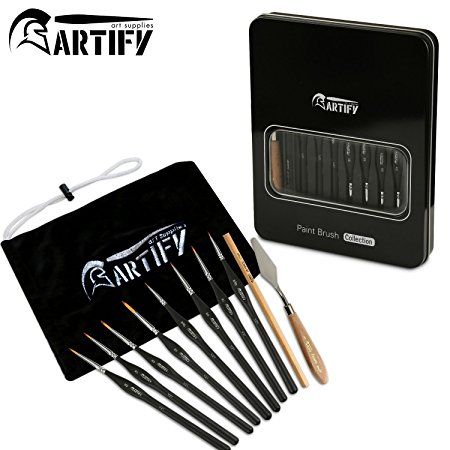 Artify Nylon Hair Detail Paint Brush Set, 8 pcs Fine Miniature Paint Brushes with a Free Metal Carrying Box and a Flannelette Bag Perfect for Detailing & Art Painting - Acrylic, Watercolor, Gouache