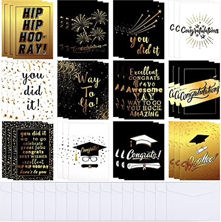 36 Pieces Graduation Congratulations Cards Congrats Grads Greeting Card Graduation Season Concept Card Black and Gold Graduation Card with 36 White Envelopes for Graduation Party Decoration, 12 Styles