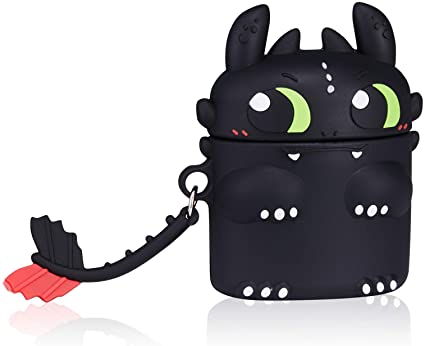Gift-Hero Black Toothless Cartoon Case for Airpods, Cute Funny Animal Pattern Design for Girls Boys Kids, Accessories Carabiner Protective Fun Fashion Character Skin Silicone Cover for Air pods 2/1
