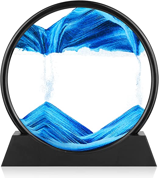 costand Moving Sand Art Picture with Round Glass, 3D Deep Sea Sandscape in Motion Display, Flowing Arc Sand Frame Relaxing Desktop Home Office Work Decor, Room Decoration(7' Blue