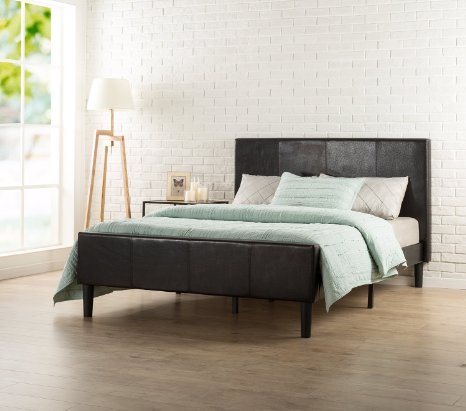 Zinus Deluxe Faux Leather Upholstered Platform Bed with Footboard and Wooden Slats, Queen, Espresso