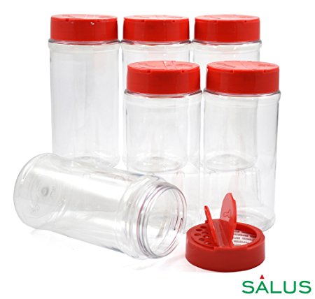 SalusWare Clear PET Spice Jar with Lined Cap (6 Pack) (16 Ounce w/Red Cap)
