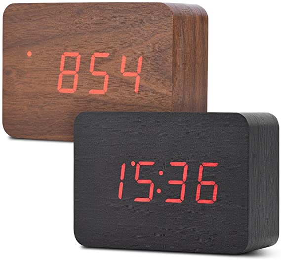 Wooden Alarm Clock, Digital Clock for Bedrooms LED Modern Wooden Cube Clock 3 Levels Brightness Temperature Display with Sounds Control (Brown)