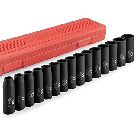 Neiko 02474A 1/2” Drive Deep Impact Socket Set, Cr-V Steel, 6-Point | 15-Piece Set | Metric 10 - 24mm